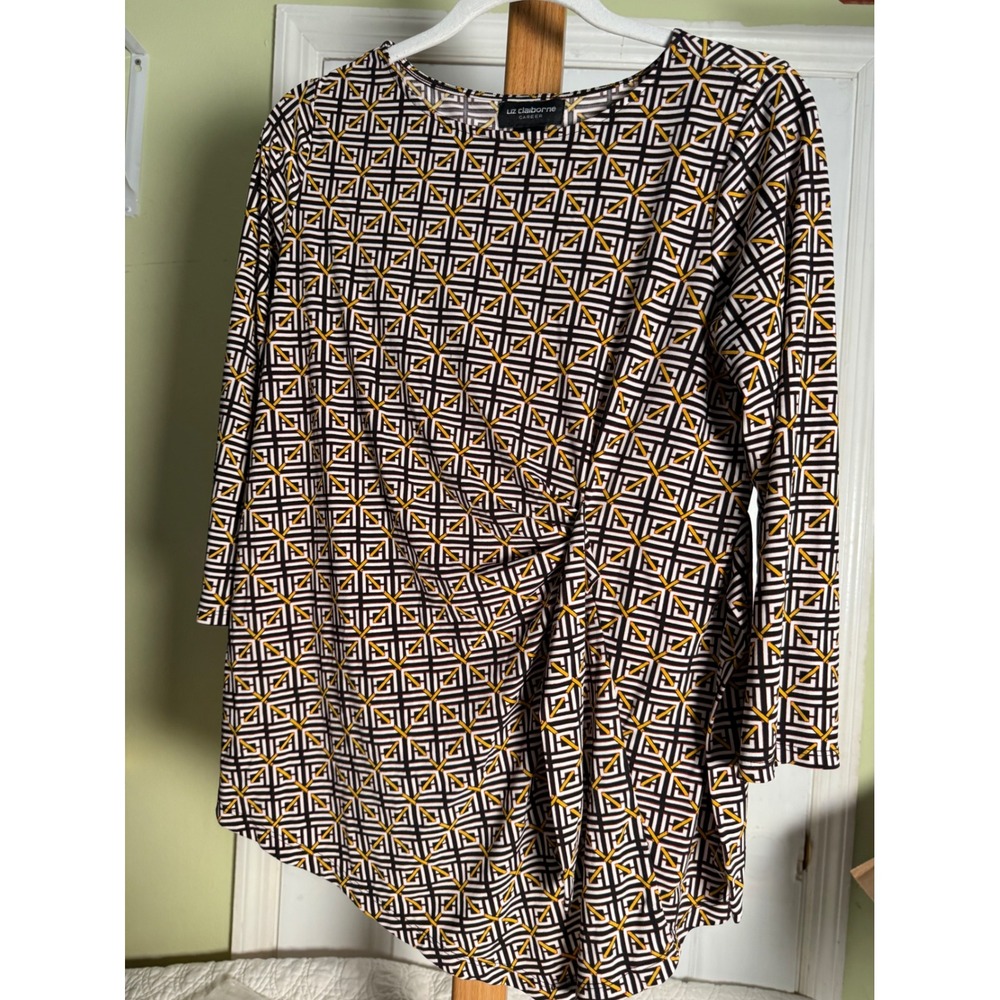 Liz Claiborne Career Geometric Print Ruched Knot Blouse Black Yellow White L